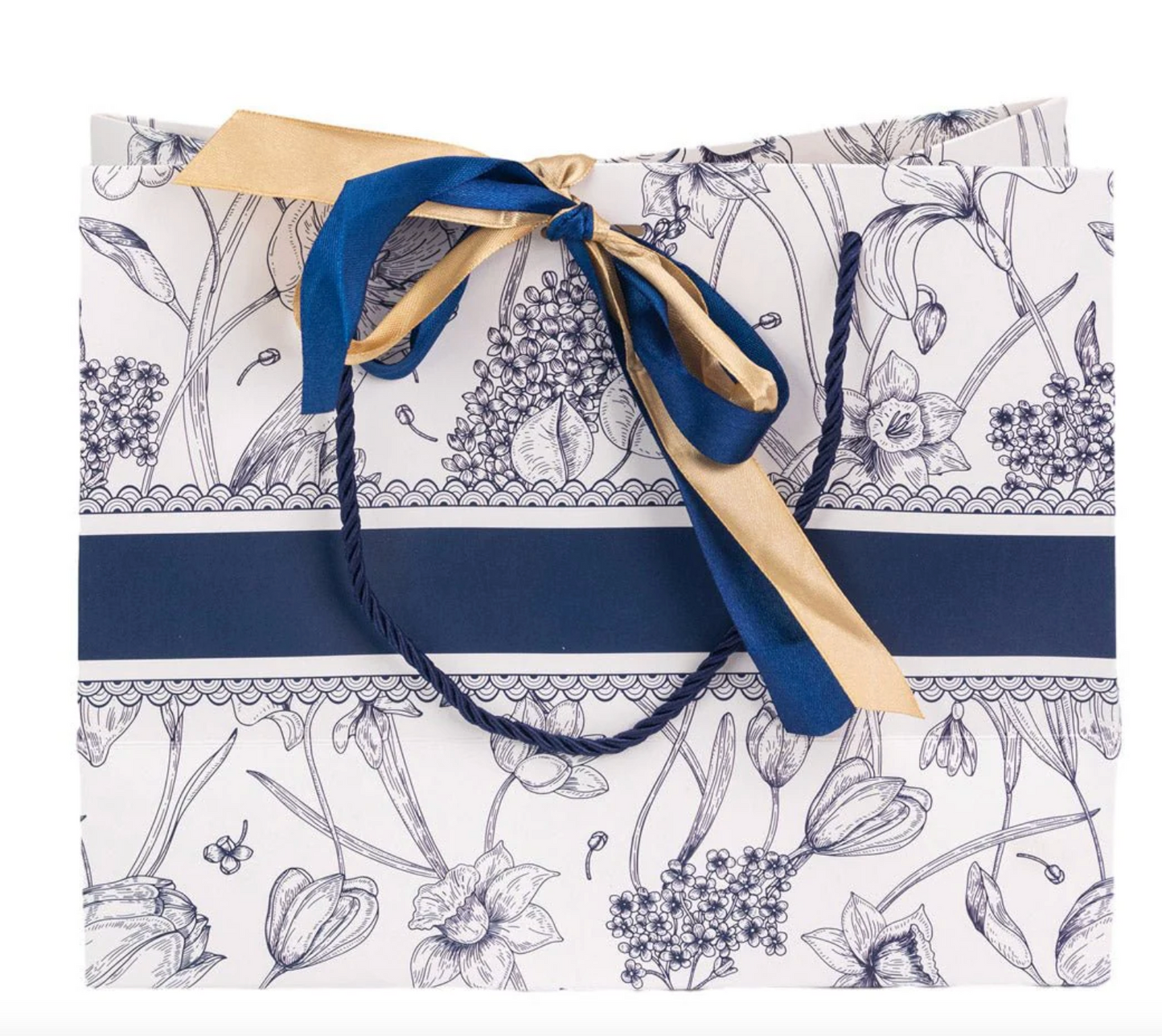 Pungă model floral cu 2 panglici colorate și mâner din sfoară - albastru